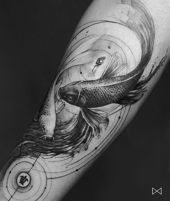 Tatuagem de carpas com composição circular e traços finos, feita por Lil Kinhas